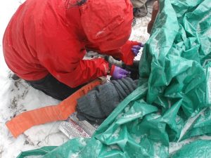 A Wilderness First Responder student builds a splint in the snow.